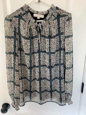 LOFT Black, Cream & Teal Floral Grid Tie-Neck Blouse